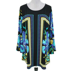Avenue Top Womens 20 Black Blue Floral Stretch Knit Blouse Bell Sleeve Pullover